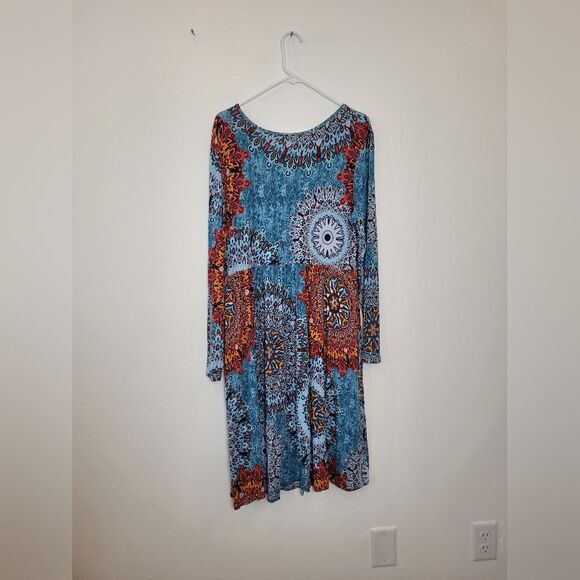 Boho Midi Dress Jersey Knit Colorful Geo Indie Casual Hippie Gypsy Pockets XL - Picture 10 of 11